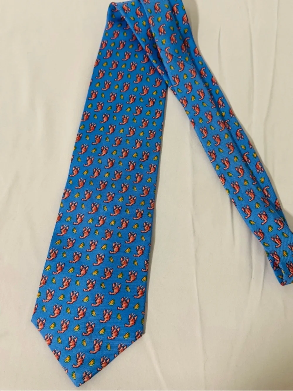 J. Crew Vintage Lobsters and Lemon Motif Blue 100% Silk Tie Made in USA
